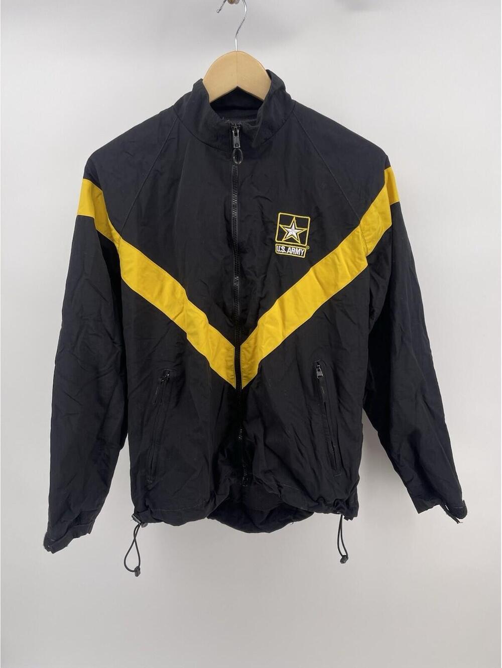 US Army Black Fitness Windbreaker Jacket Yellow Stripe • Small